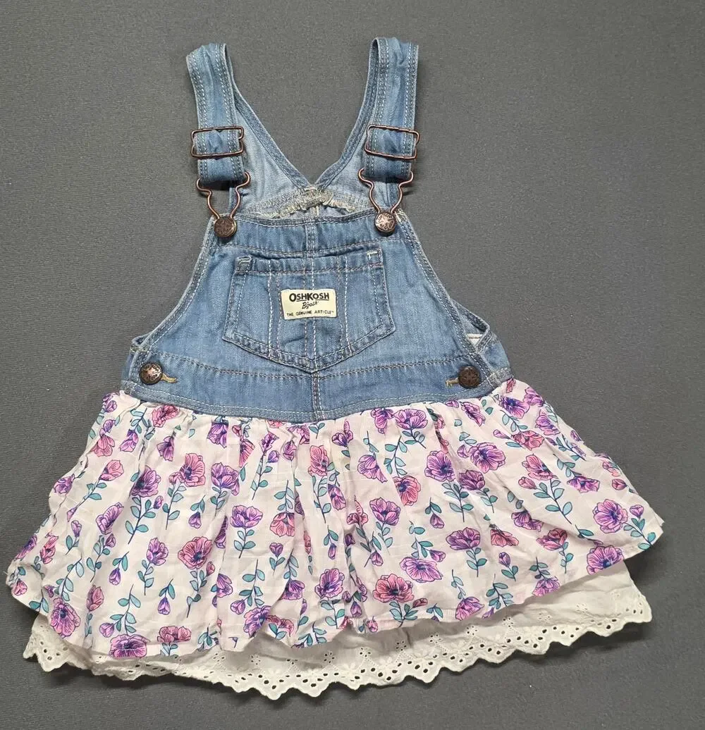 OshKosh Vestbak Overall Dress 18 months Denim Pink Floral Skirt Eyelet Ruffle